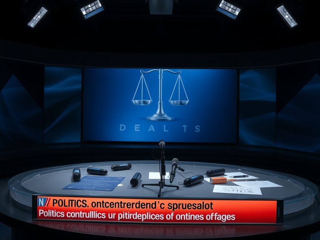 Flick International Dimly lit news studio with an empty news desk and reflected soft light