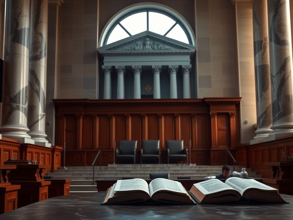 Flick International Empty Supreme Court chamber with grand marble columns and wooden accents