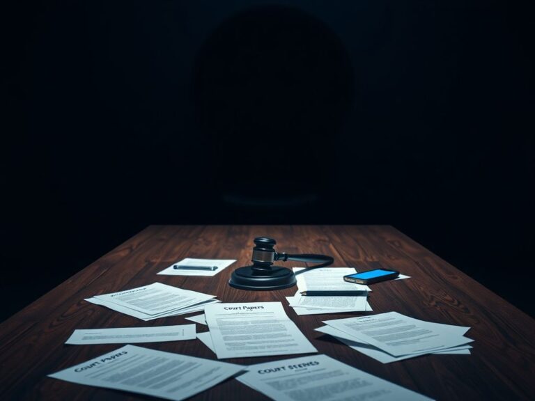 Flick International Dramatic courtroom scene with legal documents and a gavel