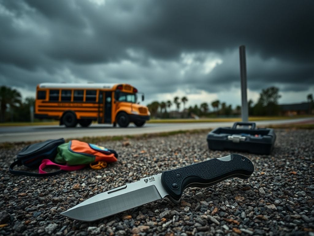 Flick International Menacing folding knife at an empty school bus stop in Florida