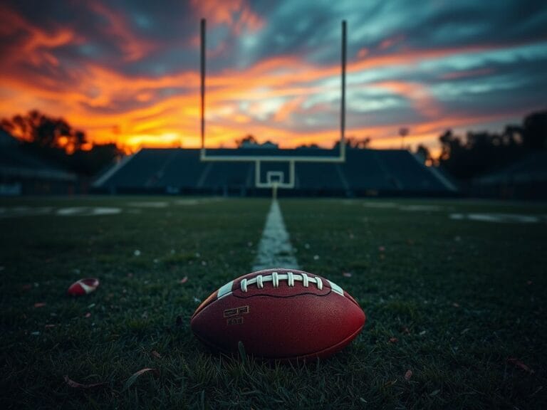 Flick International A broken football on a somber football field at dusk