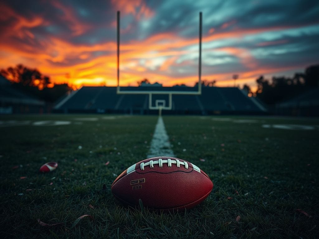 Flick International A broken football on a somber football field at dusk