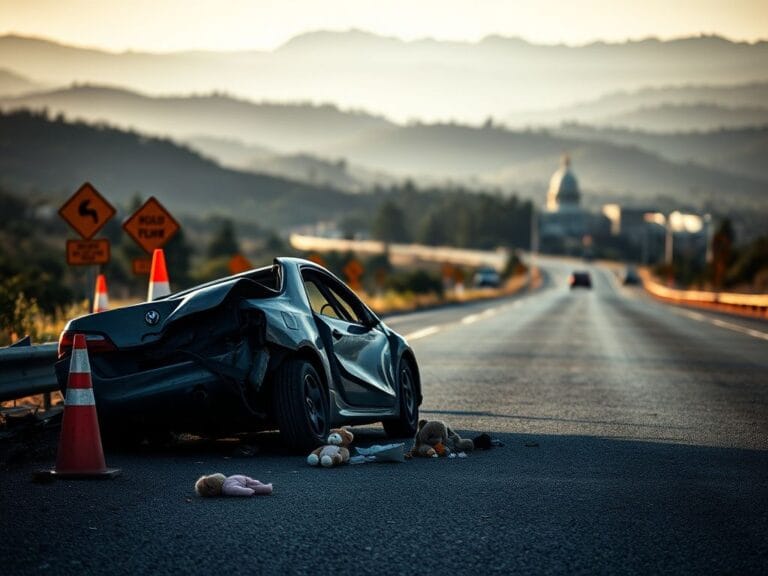 Flick International Crumpled vehicle on a California highway after an accident involving an illegal immigrant trucker