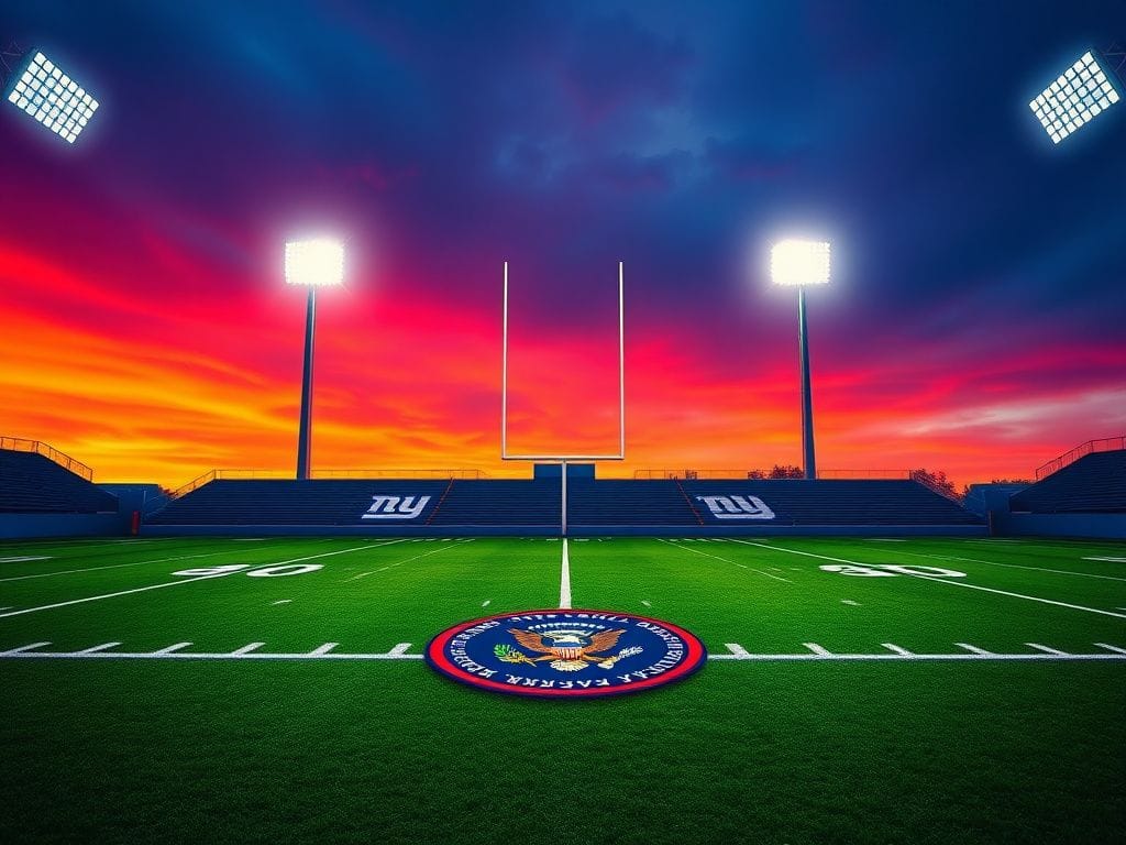 Flick International A football field at dusk with New York Giants' colors and a presidential seal.