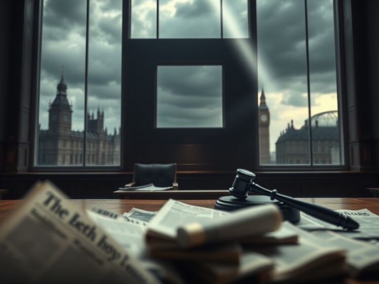 Flick International Somber courtroom scene depicting an empty witness stand, symbolizing the emotional turmoil faced by Prince Harry and Meghan Markle.