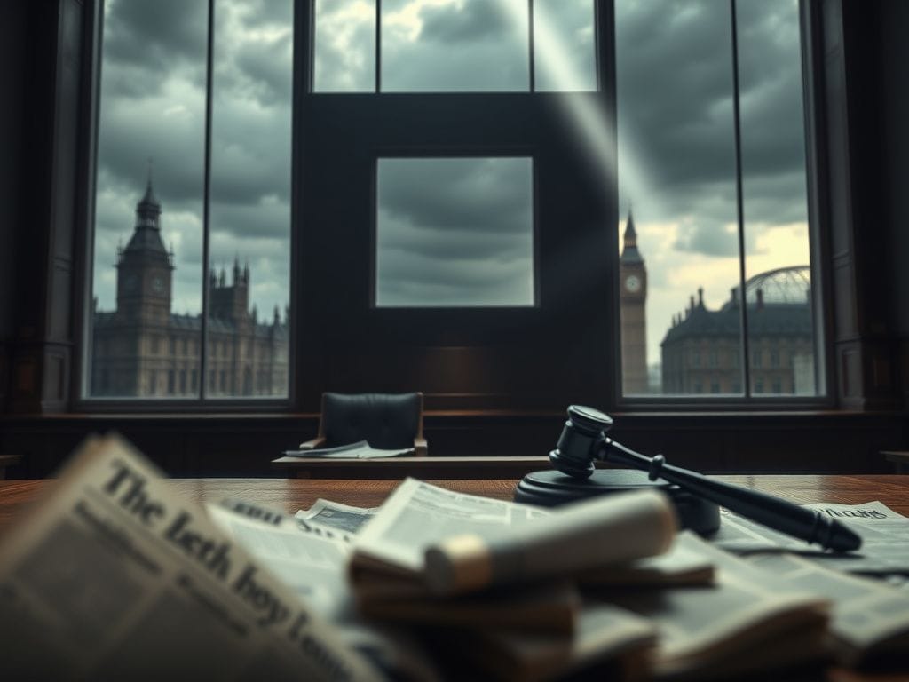 Flick International Somber courtroom scene depicting an empty witness stand, symbolizing the emotional turmoil faced by Prince Harry and Meghan Markle.