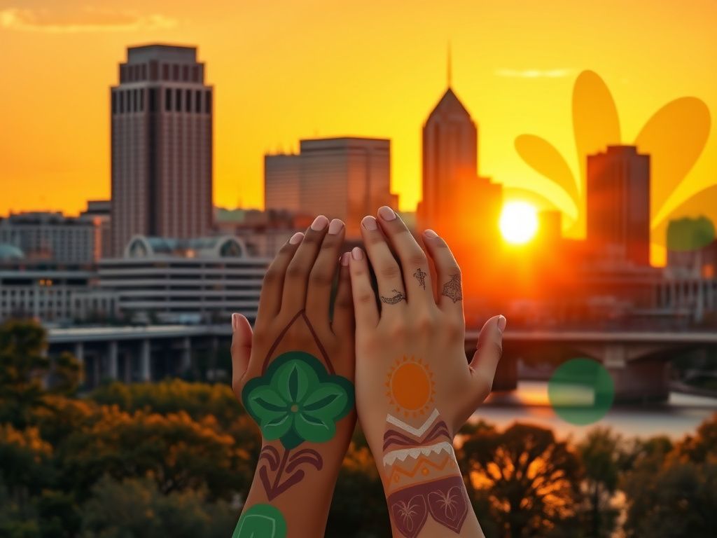 Flick International Vibrant cityscape of Minneapolis featuring unity symbols and cultural motifs