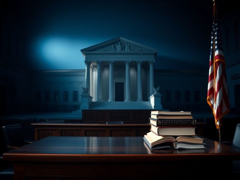 Flick International Dramatic courtroom scene illustrating the authority of the law with the Supreme Court in the background