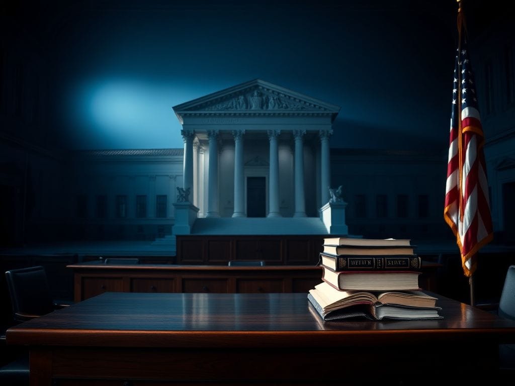Flick International Dramatic courtroom scene illustrating the authority of the law with the Supreme Court in the background