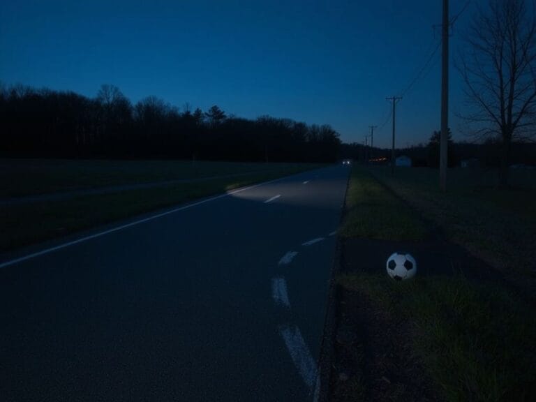 Flick International Twilight scene depicting a rural North Carolina road with a soccer ball and faint skid marks