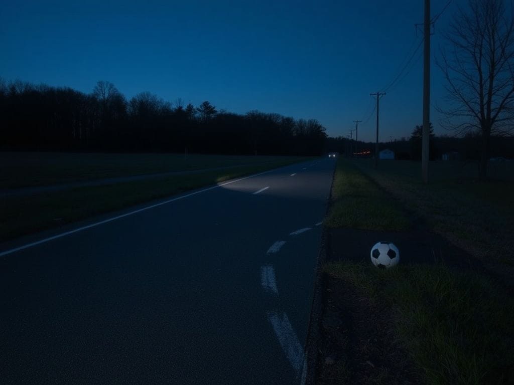 Flick International Twilight scene depicting a rural North Carolina road with a soccer ball and faint skid marks