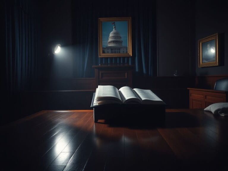 Flick International Dark courtroom setting with an empty witness stand and spotlight
