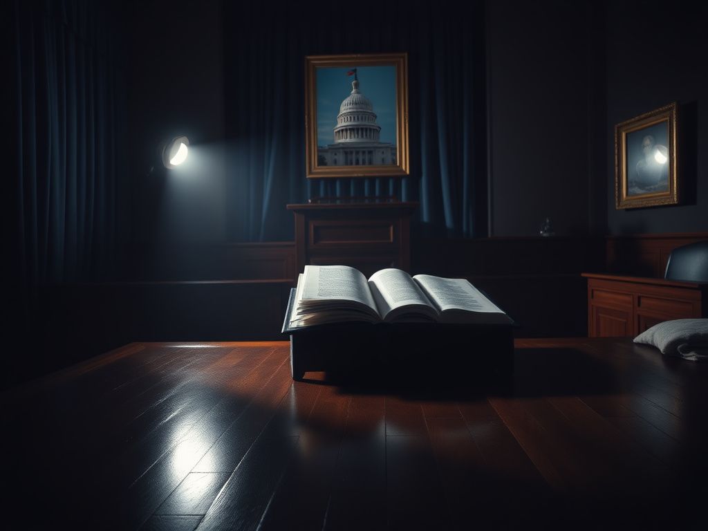 Flick International Dark courtroom setting with an empty witness stand and spotlight