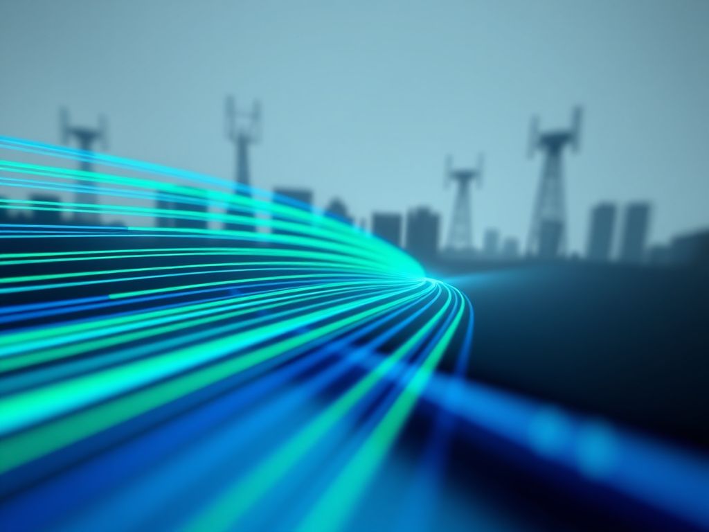 Flick International Close-up view of a smartphone emitting electromagnetic waves with cell towers in the background