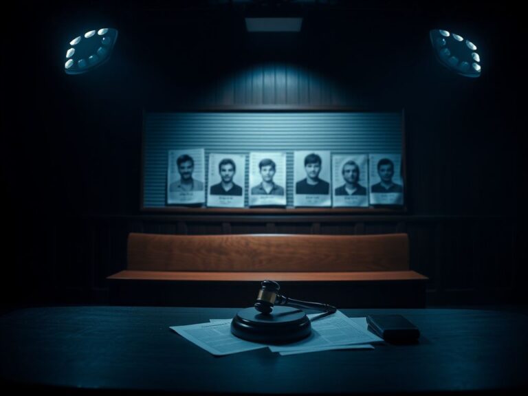 Flick International A somber courtroom scene with an empty bench and blurred mugshots on a bulletin board