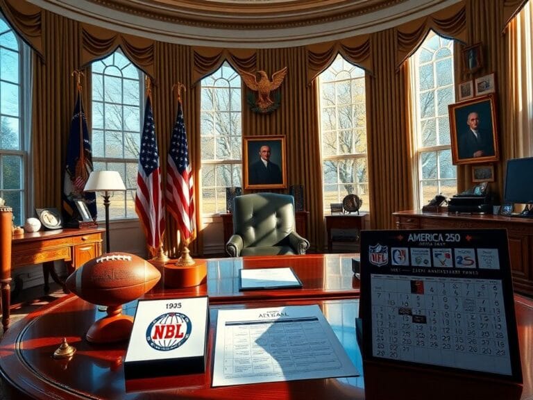 Flick International A grand view of the Oval Office decorated with patriotic symbols and sports memorabilia for America 250 planning meeting