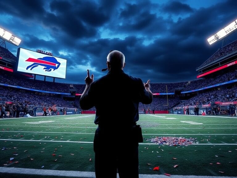 Flick International Dramatic football stadium scene with Buffalo Bills logo and a tense atmosphere after playoff loss