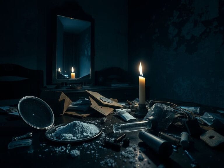 Flick International Dimly lit room filled with drug paraphernalia, reflecting mental turmoil