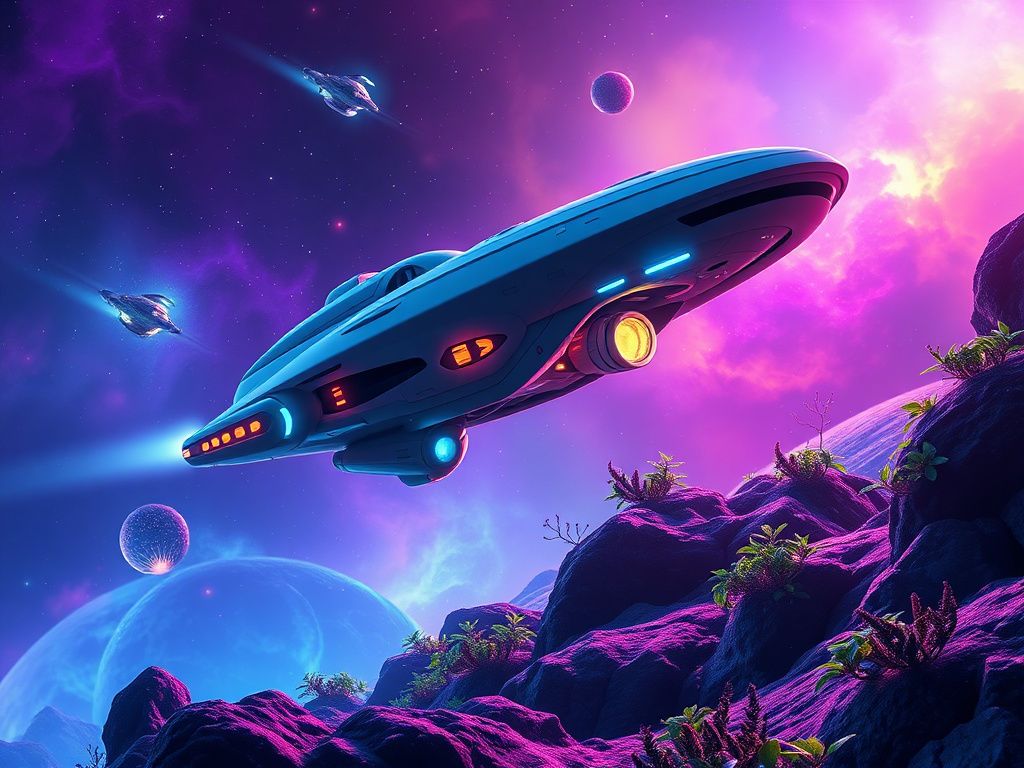 Flick International A sleek futuristic spaceship docking at a vibrant alien planet in a colorful nebula.