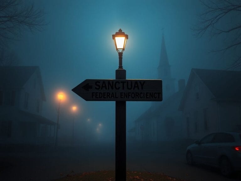 Flick International Foggy street scene in a small Maine town at dusk, showcasing traditional New England architecture and a tension-filled signpost.