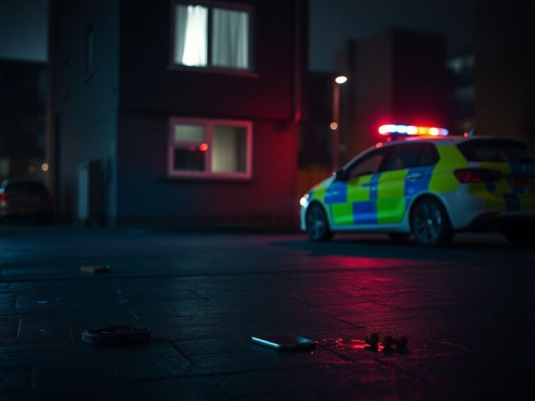 Flick International A dimly lit urban scene depicting a London apartment building where a violent incident was witnessed via FaceTime.