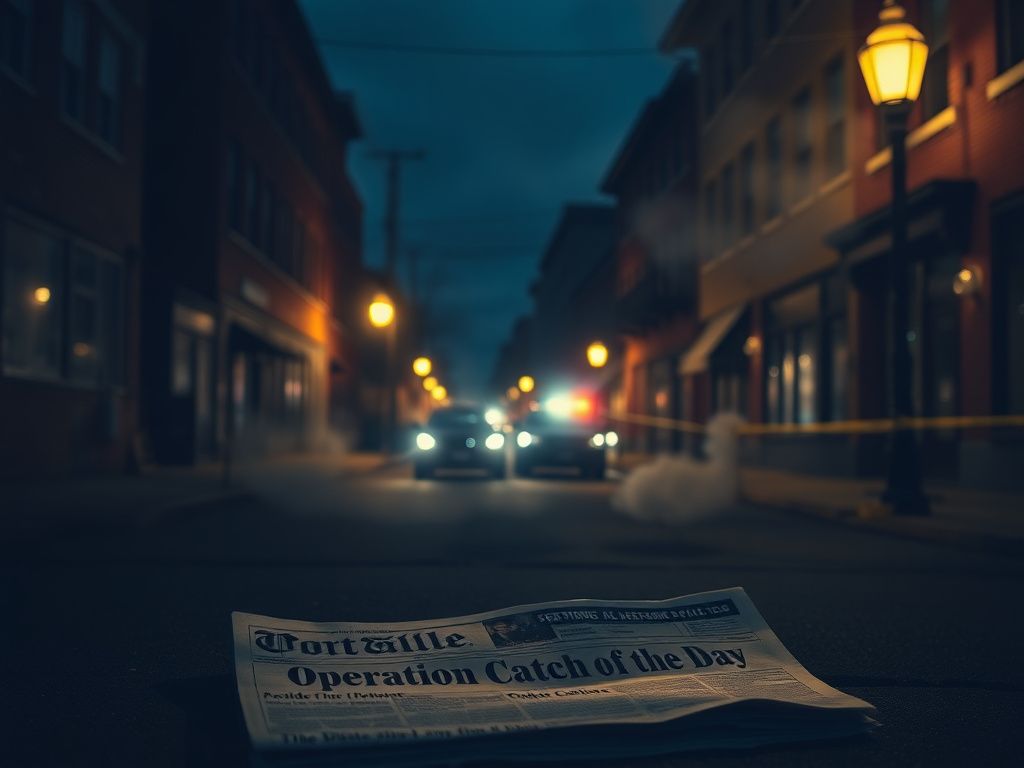 Flick International Nighttime urban scene in Portland, Maine, featuring an old newspaper about 'Operation Catch of the Day'.