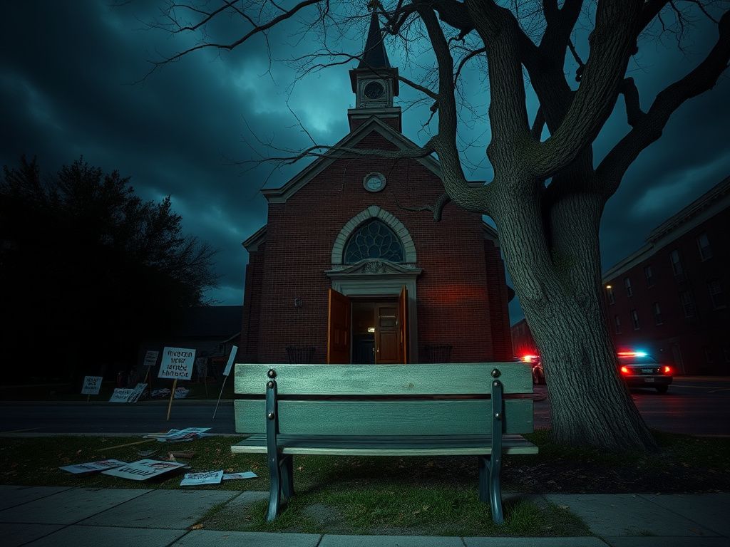 Flick International Exterior of a historic church in St. Paul, Minnesota, during protests