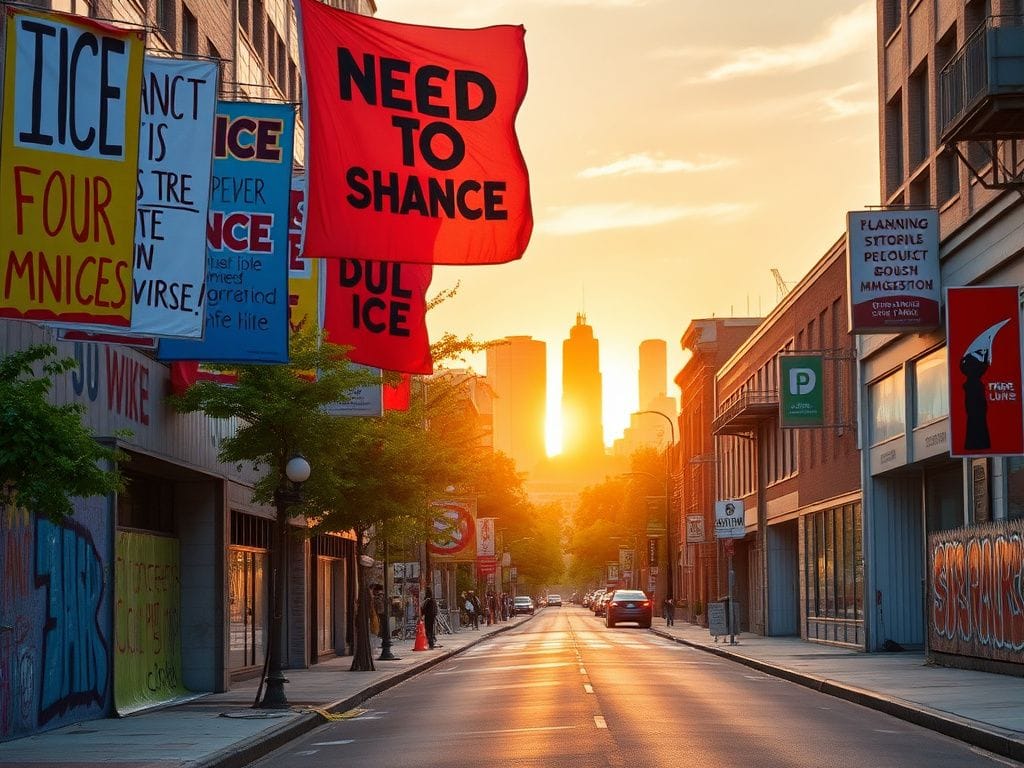 Flick International Vibrant protest scene in Minnesota with banners against ICE