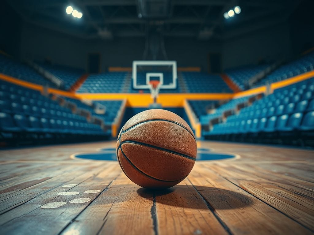 Flick International Close-up of a worn basketball court with a single basketball symbolizing trade demands