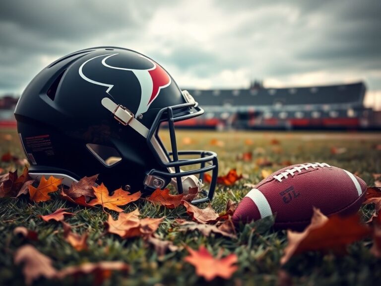 Flick International Close-up of a Houston Texans football helmet on a grassy field, partially covered by leaves, symbolizing a lost season due to injury.