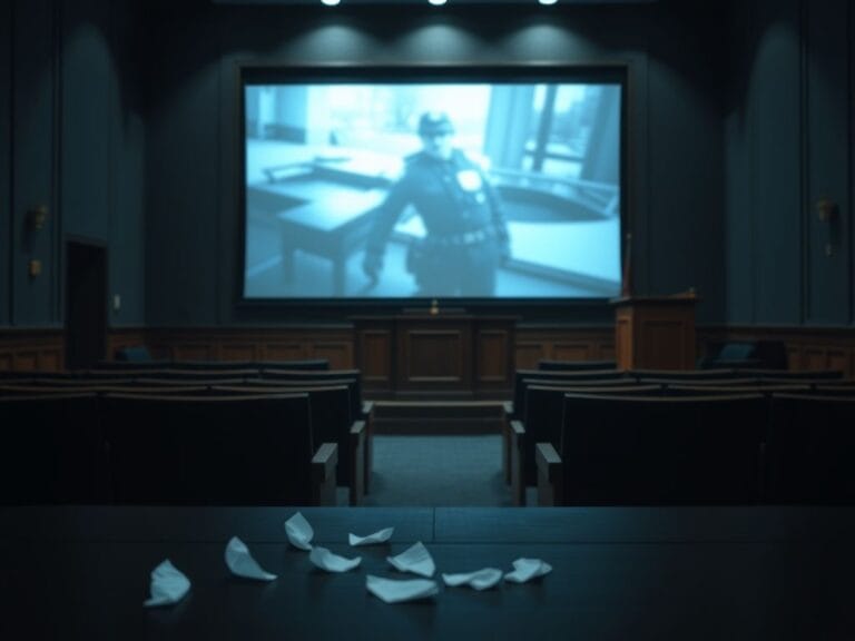 Flick International Somber courtroom scene with blurred police body camera footage displayed on a large screen