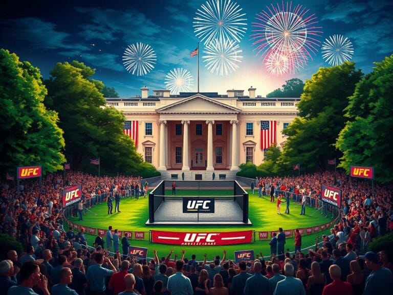 Flick International UFC fighting arena set up on the White House lawn with an octagon cage and cheering crowd