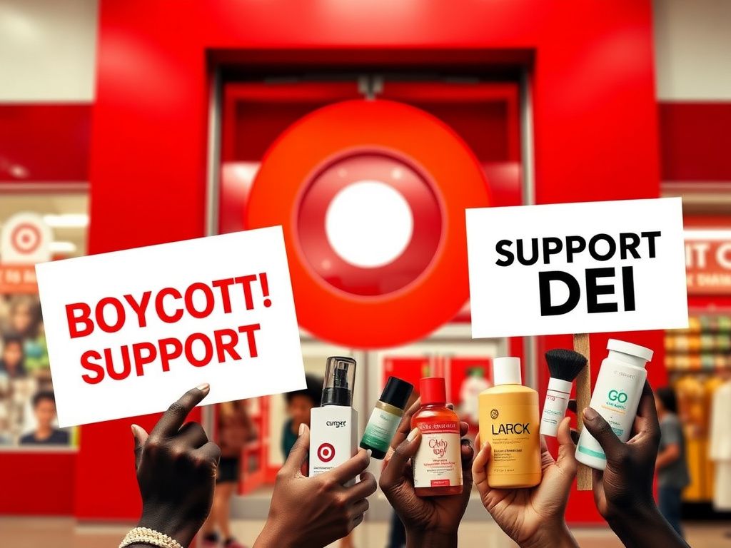 Flick International Close-up of a Target store entrance with protest signs advocating for DEI
