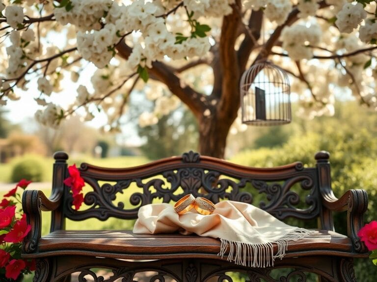 Flick International Vintage gold rings on a silk scarf symbolizing love and commitment under a blooming tree