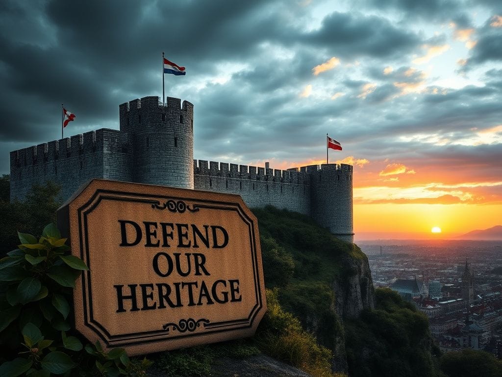 Flick International A fortified medieval castle overlooking a modern cityscape, symbolizing cultural defense