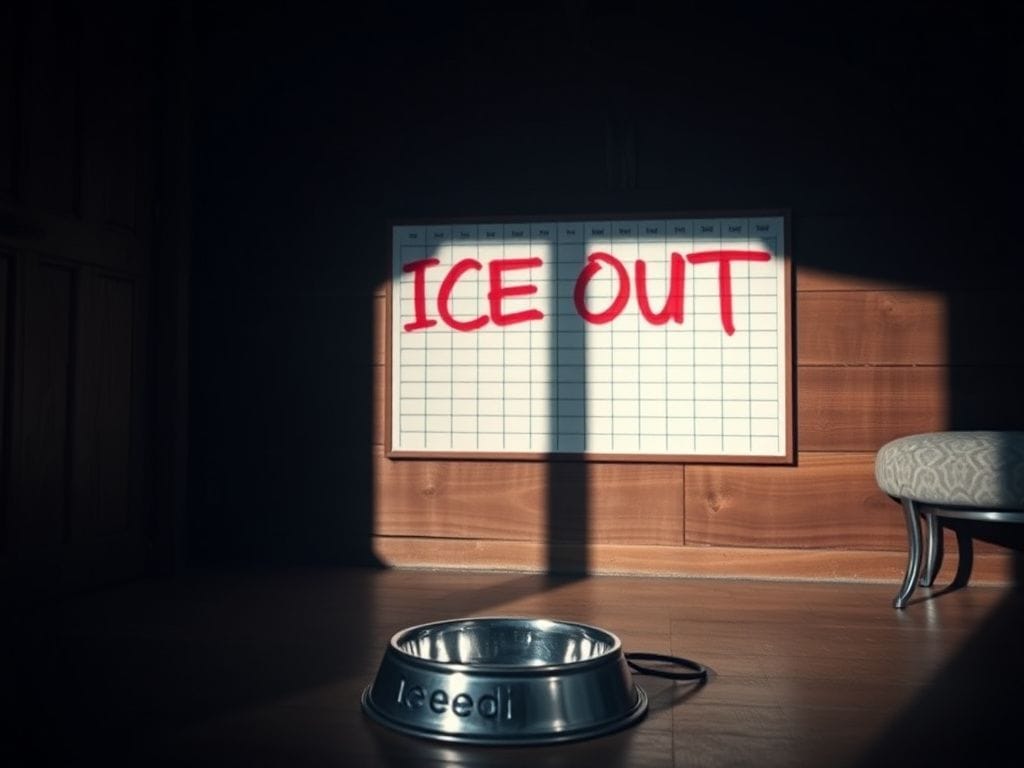 Flick International Empty dog bowl in a dimly lit kennel with an ICE OUT message on the wall