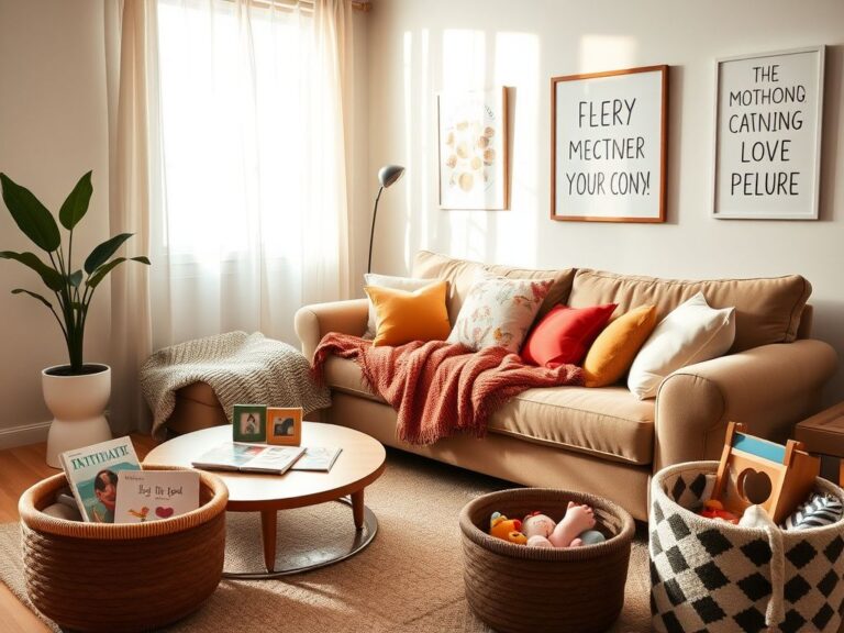 Flick International Cozy modern living room scene with plush couch and playful decor