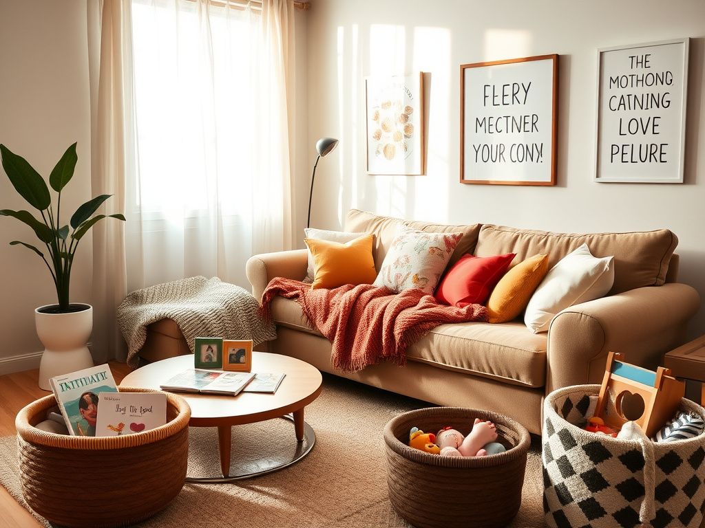 Flick International Cozy modern living room scene with plush couch and playful decor