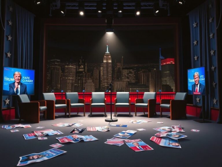 Flick International Television set with empty chairs and a spotlight symbolizing the absence of diverse political voices