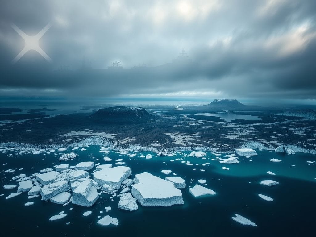 Flick International Aerial view of Greenland's icy landscape with glaciers and icebergs
