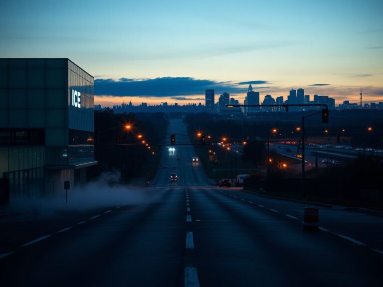 Flick International Dramatic urban landscape in Minnesota at dusk with ICE building illuminated