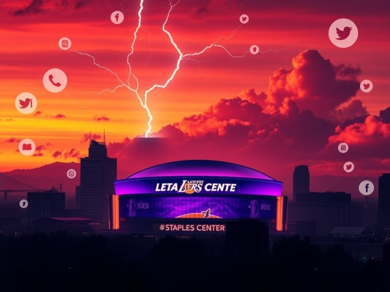 Flick International Dynamic Los Angeles skyline at sunset with Staples Center and Lakers colors