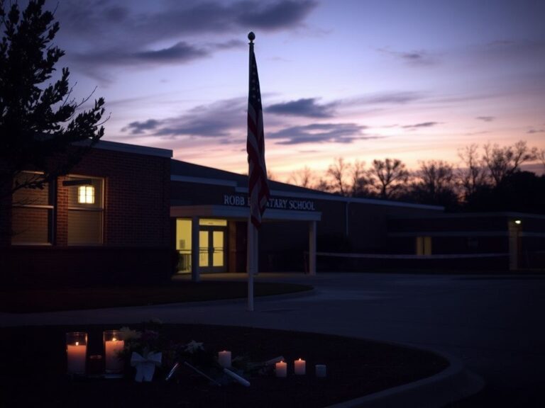 Flick International somber exterior of Robb Elementary School at dusk with American flag and memorial flowers