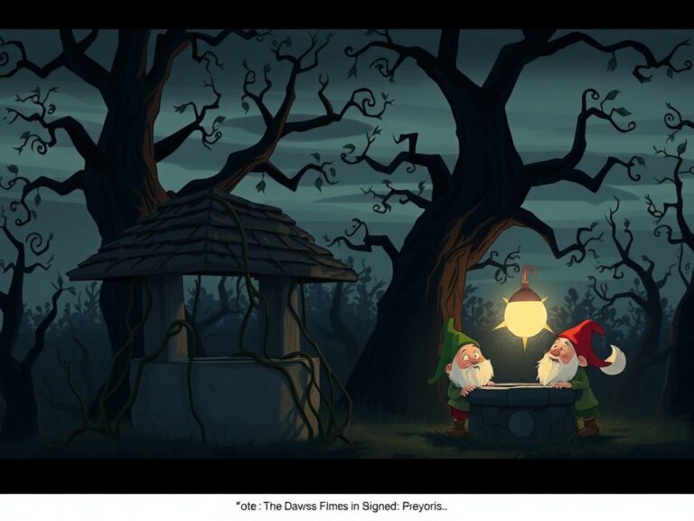 Flick International Illustration of a dark enchanted forest with a weathered stone well and computer-animated dwarfs embodying themes of nostalgia and disillusionment