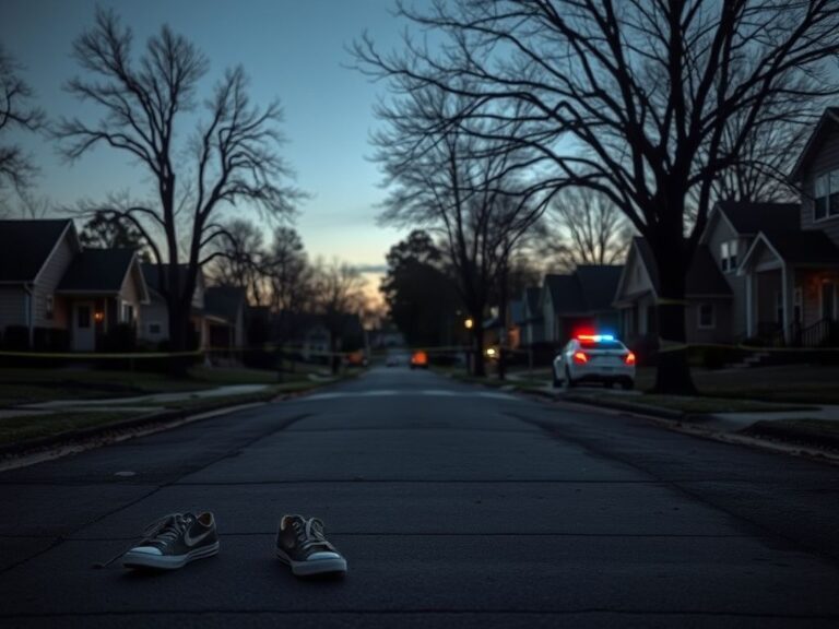 Flick International Quiet suburban neighborhood in Raleigh, North Carolina, at dusk with abandoned shoes on the sidewalk