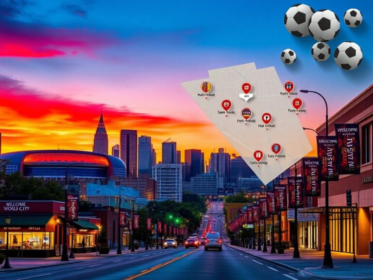 Flick International A vibrant sunset skyline of Kansas City with Arrowhead Stadium and Kauffman Center, showcasing World Cup preparations.