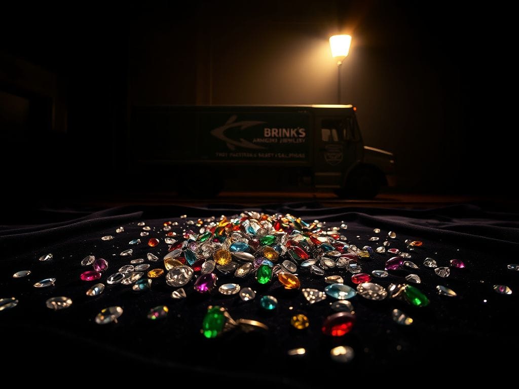 Flick International Dramatic scene of a jewelry heist with sparkling gemstones on dark velvet.