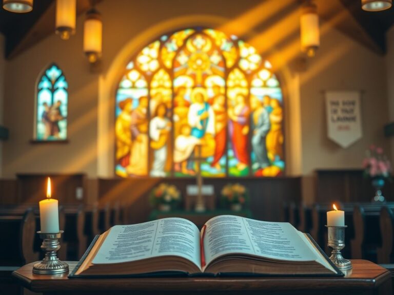 Flick International Serene church interior with stained glass window and open Bible