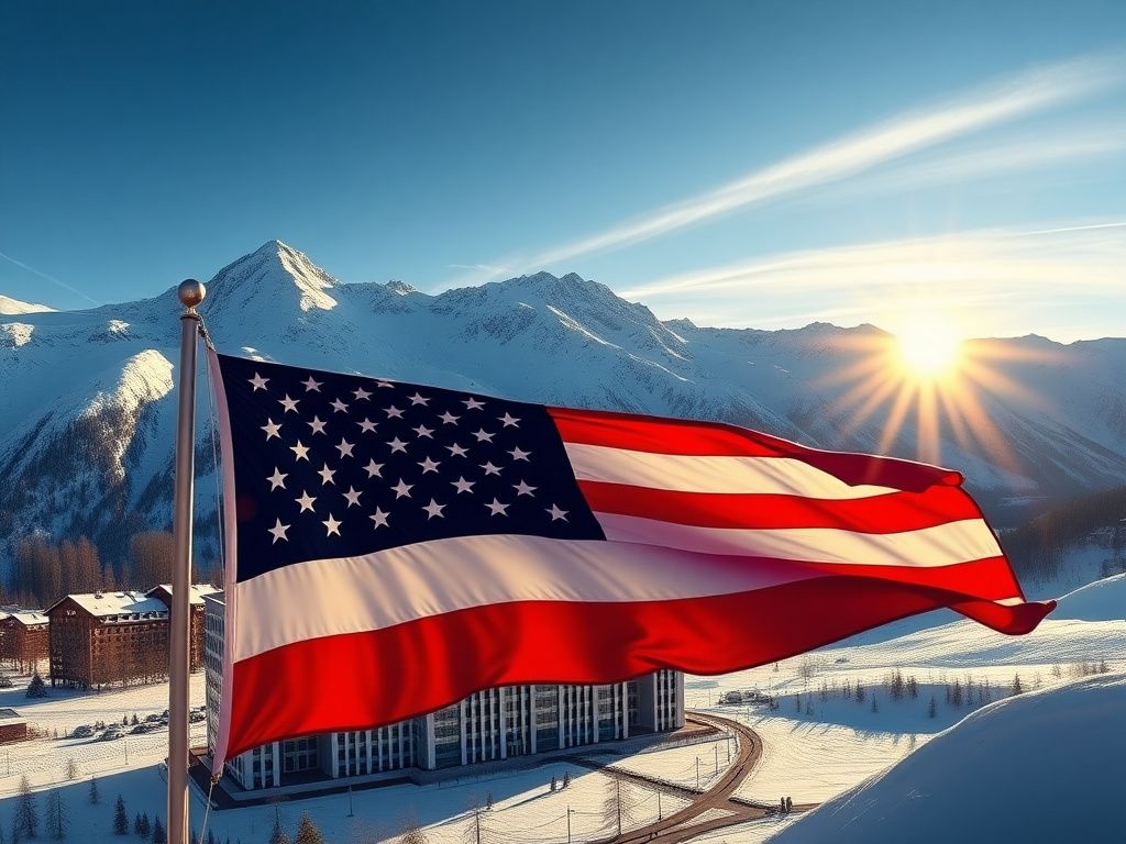 Flick International Panoramic view of the snowy Swiss Alps with an American flag in the foreground at the World Economic Forum in Davos.