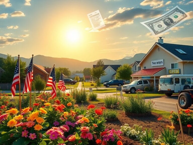 Flick International Vibrant American landscape symbolizing economic growth and prosperity with a rising sun and a family garden.